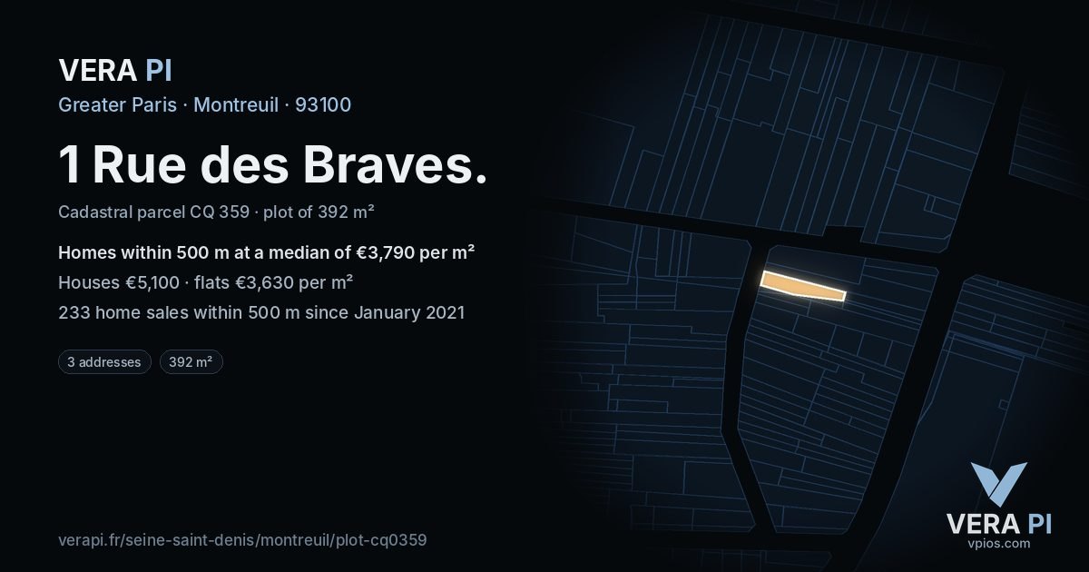1 Rue des Braves, Montreuil at night – the plot lit, the parcels around coloured by the prices near them