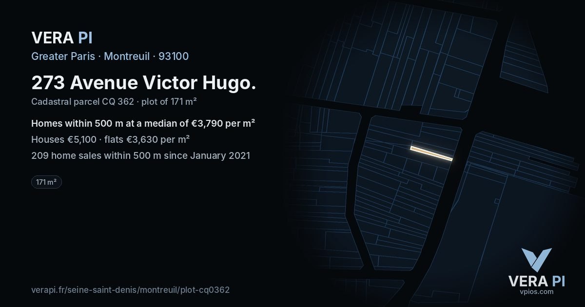 273 Avenue Victor Hugo, Montreuil at night – the plot lit, the parcels around coloured by the prices near them
