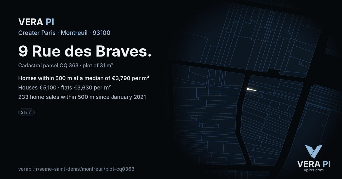 9 Rue des Braves, Montreuil at night – the plot lit, the parcels around coloured by the prices near them