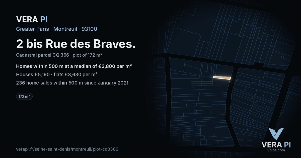 2 bis Rue des Braves, Montreuil at night – the plot lit, the parcels around coloured by the prices near them