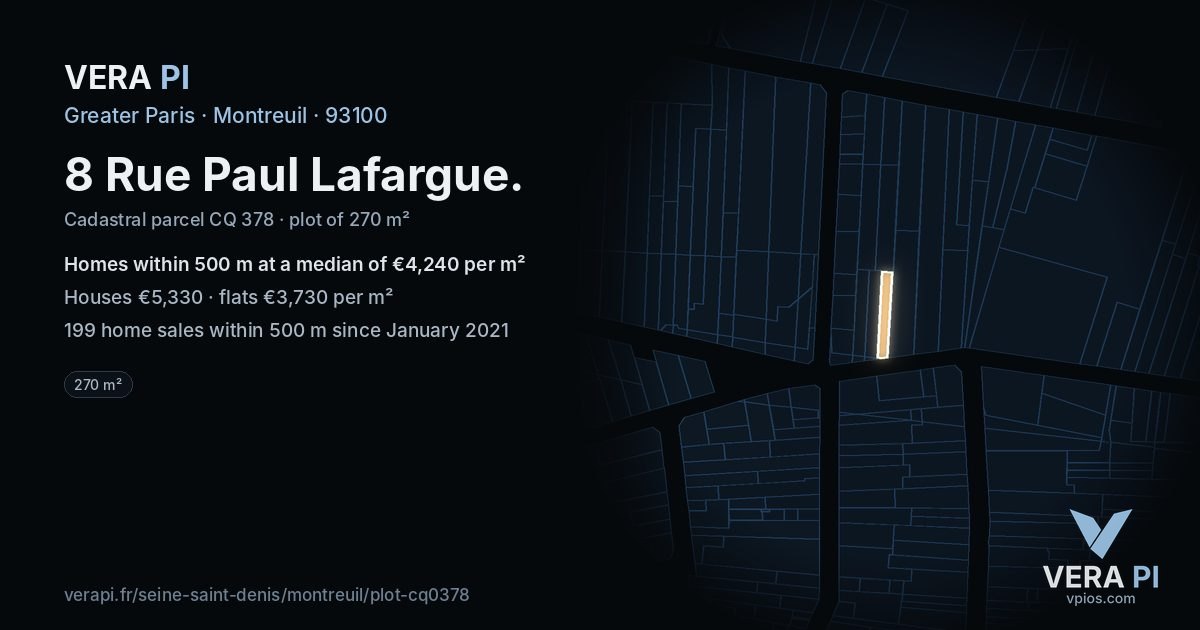 8 Rue Paul Lafargue, Montreuil at night – the plot lit, the parcels around coloured by the prices near them