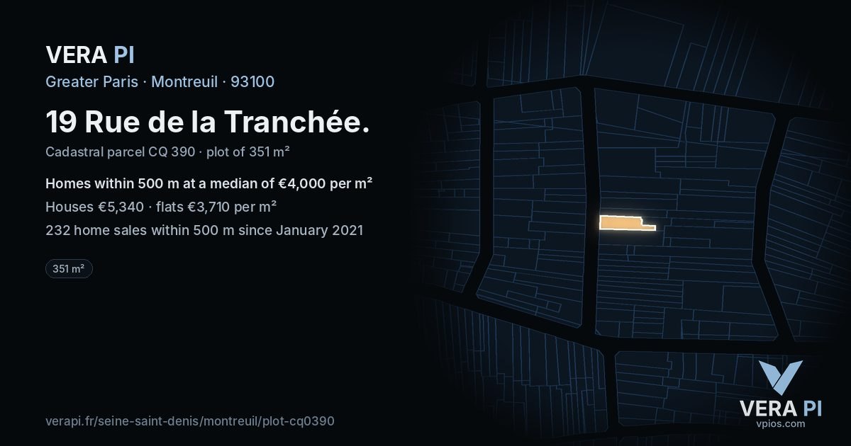 19 Rue de la Tranchée, Montreuil at night – the plot lit, the parcels around coloured by the prices near them
