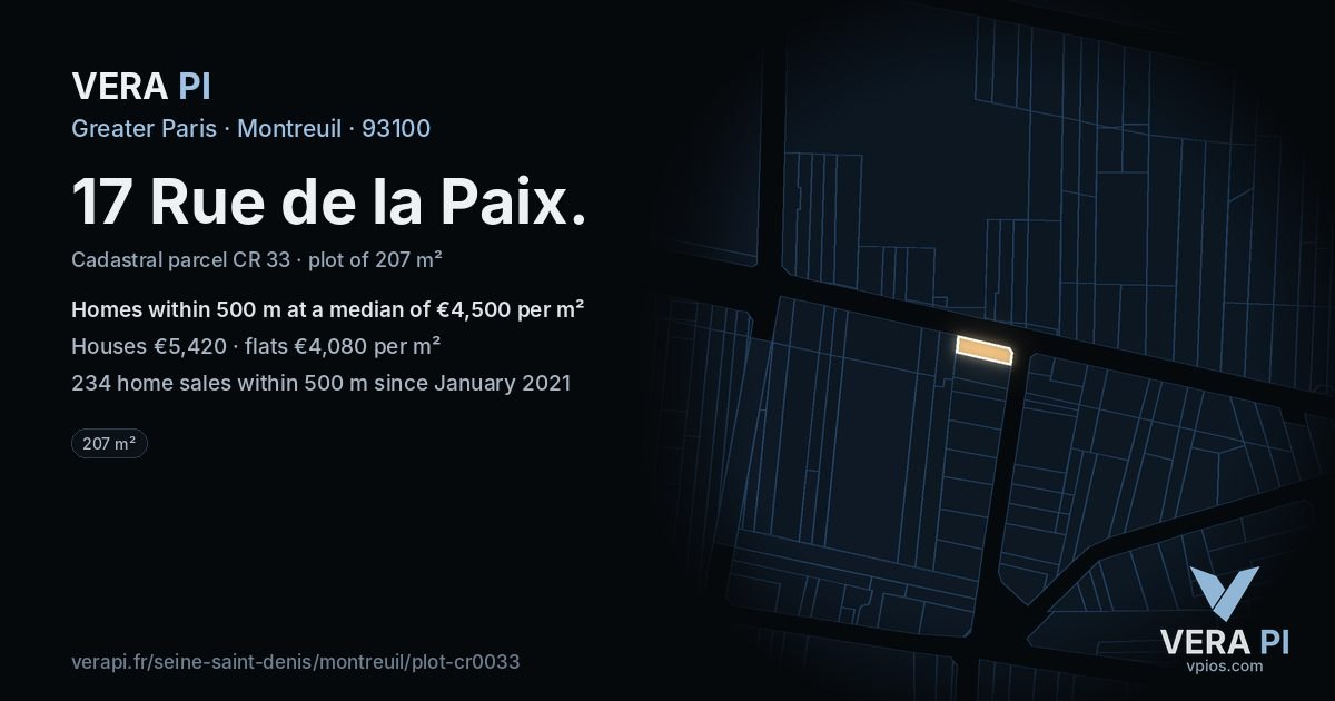17 Rue de la Paix, Montreuil at night – the plot lit, the parcels around coloured by the prices near them