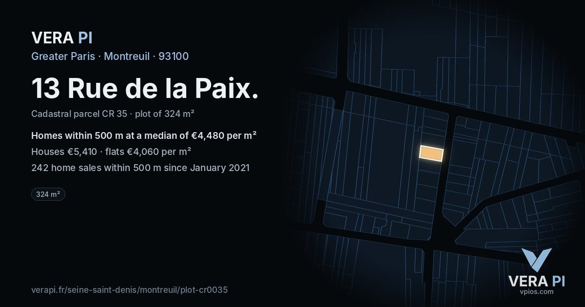 13 Rue de la Paix, Montreuil at night – the plot lit, the parcels around coloured by the prices near them