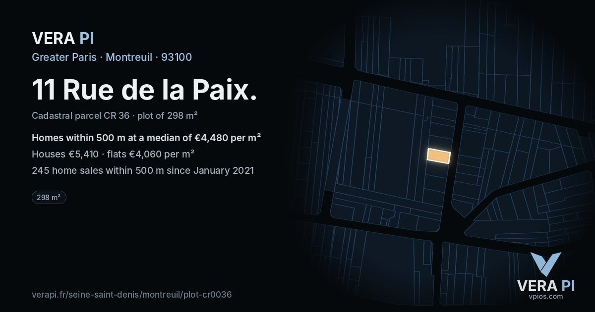 11 Rue de la Paix, Montreuil at night – the plot lit, the parcels around coloured by the prices near them