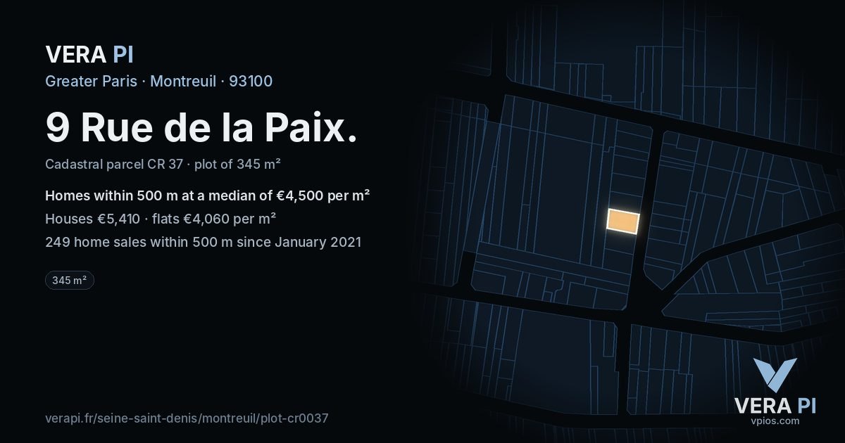 9 Rue de la Paix, Montreuil at night – the plot lit, the parcels around coloured by the prices near them