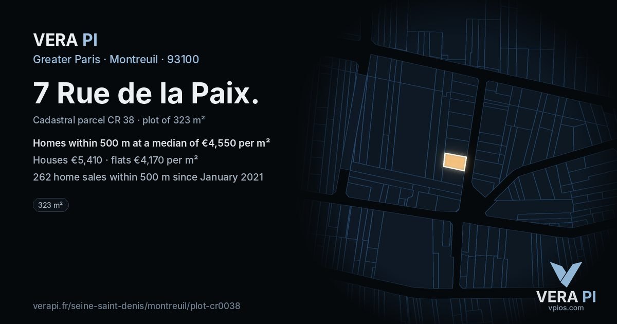 7 Rue de la Paix, Montreuil at night – the plot lit, the parcels around coloured by the prices near them