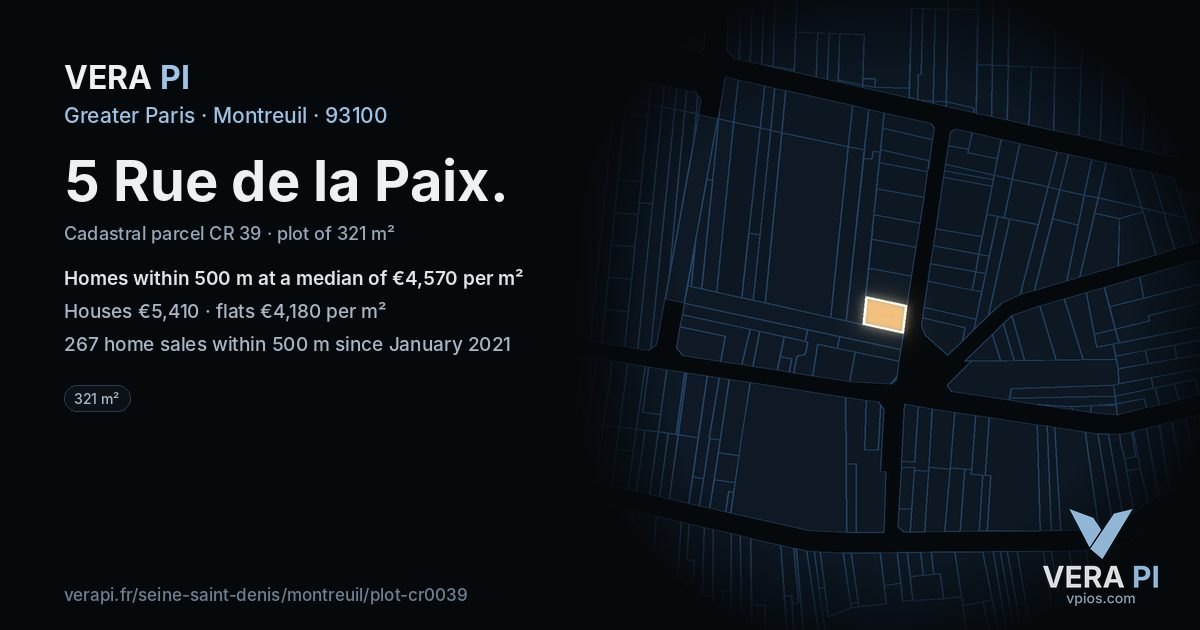 5 Rue de la Paix, Montreuil at night – the plot lit, the parcels around coloured by the prices near them