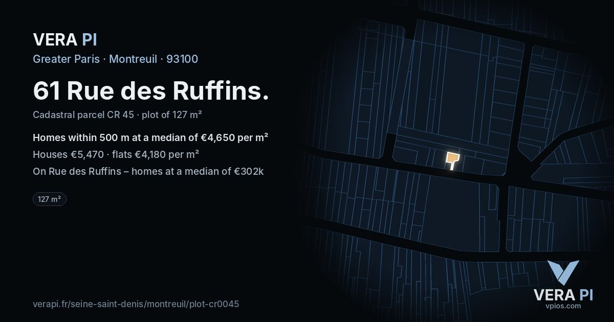 61 Rue des Ruffins, Montreuil at night – the plot lit, the parcels around coloured by the prices near them