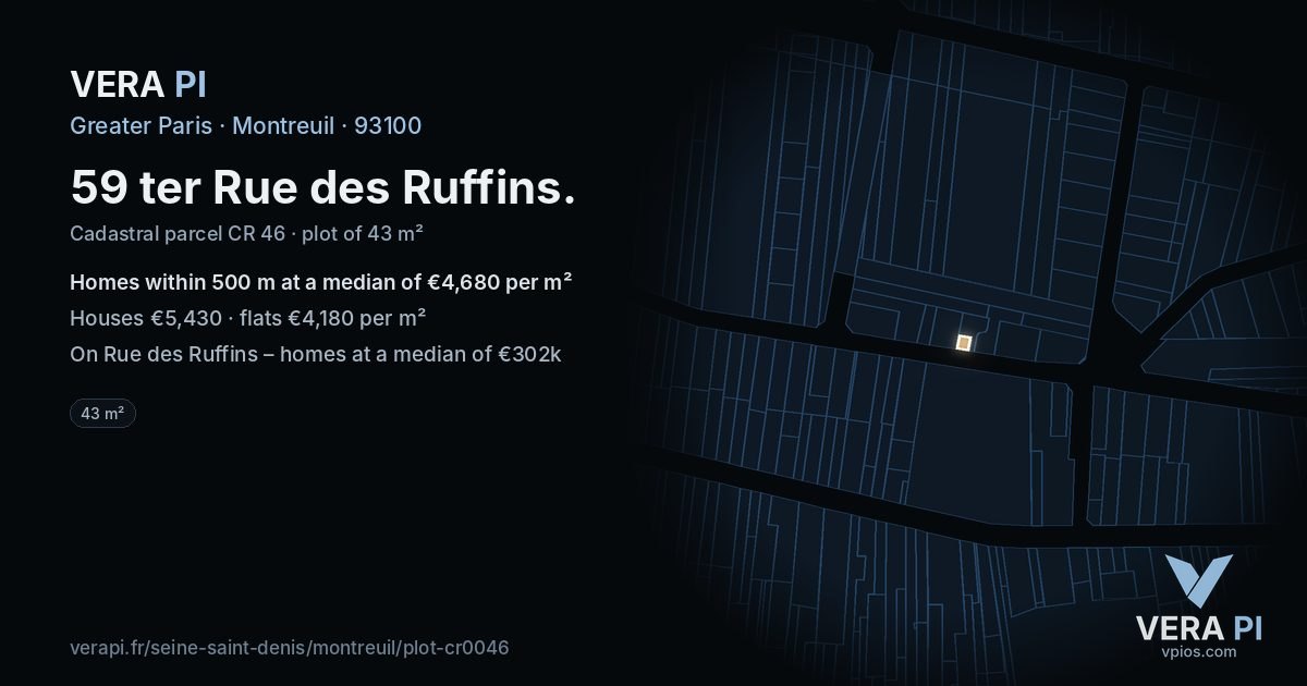 59 ter Rue des Ruffins, Montreuil at night – the plot lit, the parcels around coloured by the prices near them