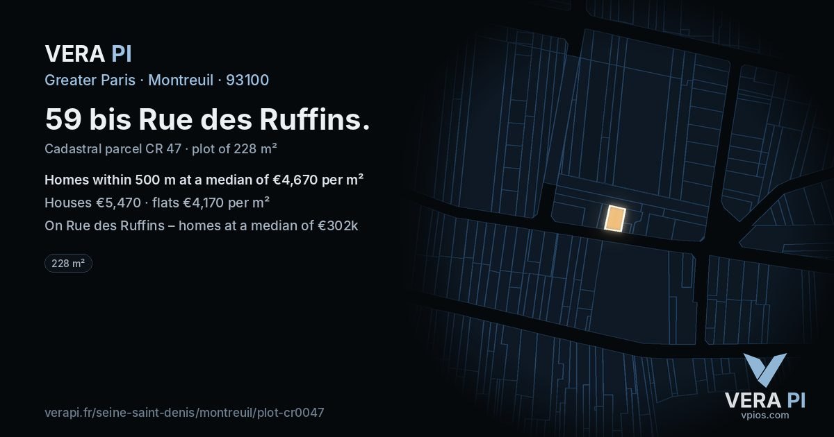 59 bis Rue des Ruffins, Montreuil at night – the plot lit, the parcels around coloured by the prices near them