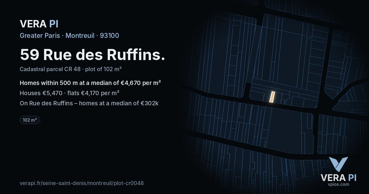 59 Rue des Ruffins, Montreuil at night – the plot lit, the parcels around coloured by the prices near them