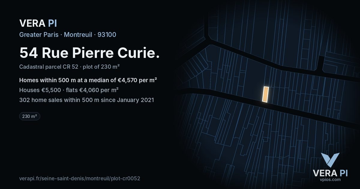 54 Rue Pierre Curie, Montreuil at night – the plot lit, the parcels around coloured by the prices near them