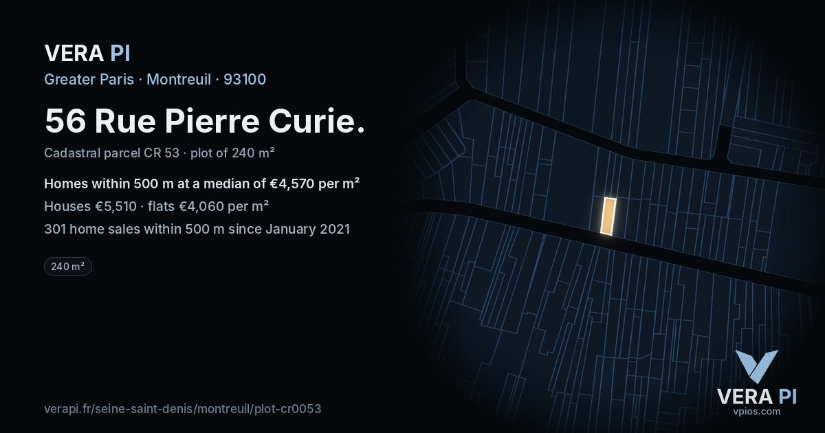 56 Rue Pierre Curie, Montreuil at night – the plot lit, the parcels around coloured by the prices near them