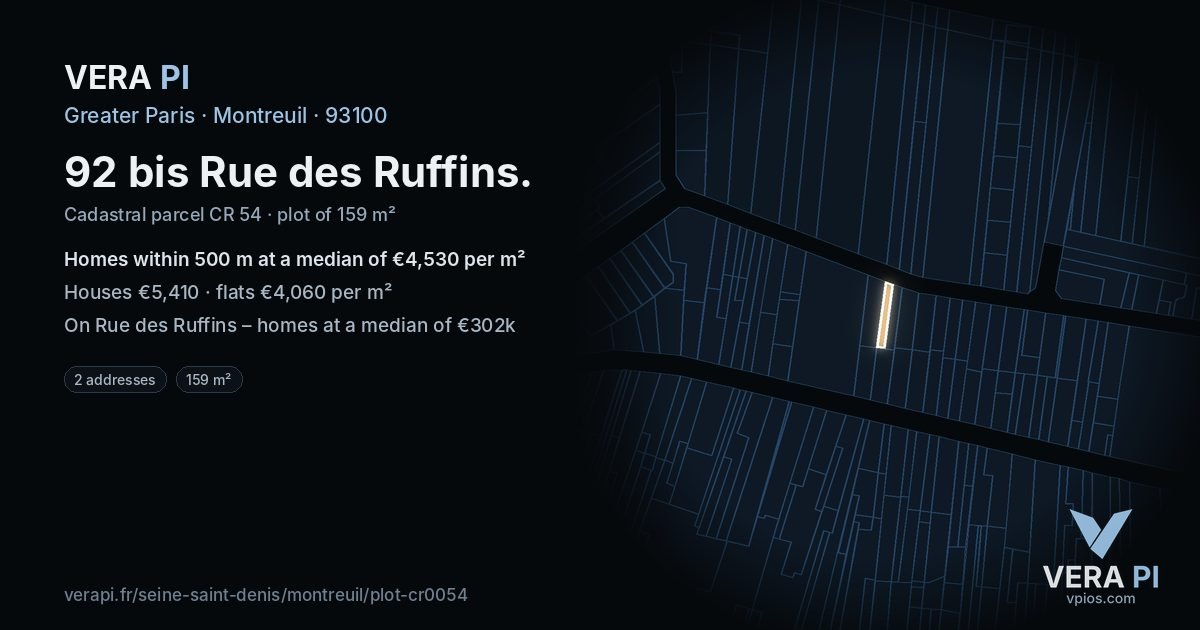 92 bis Rue des Ruffins, Montreuil at night – the plot lit, the parcels around coloured by the prices near them