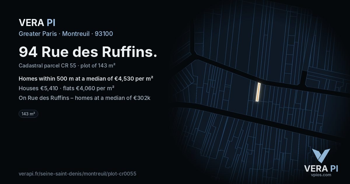 94 Rue des Ruffins, Montreuil at night – the plot lit, the parcels around coloured by the prices near them