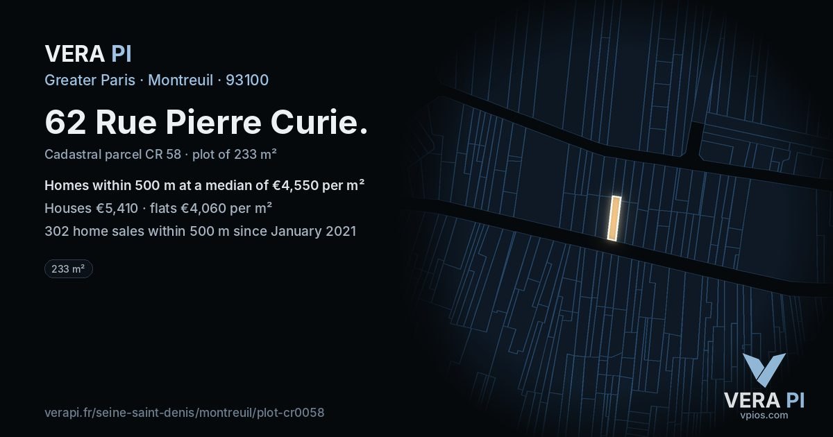 62 Rue Pierre Curie, Montreuil at night – the plot lit, the parcels around coloured by the prices near them
