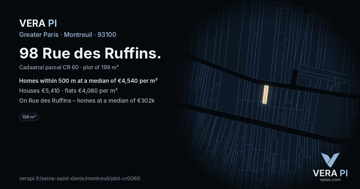 98 Rue des Ruffins, Montreuil at night – the plot lit, the parcels around coloured by the prices near them