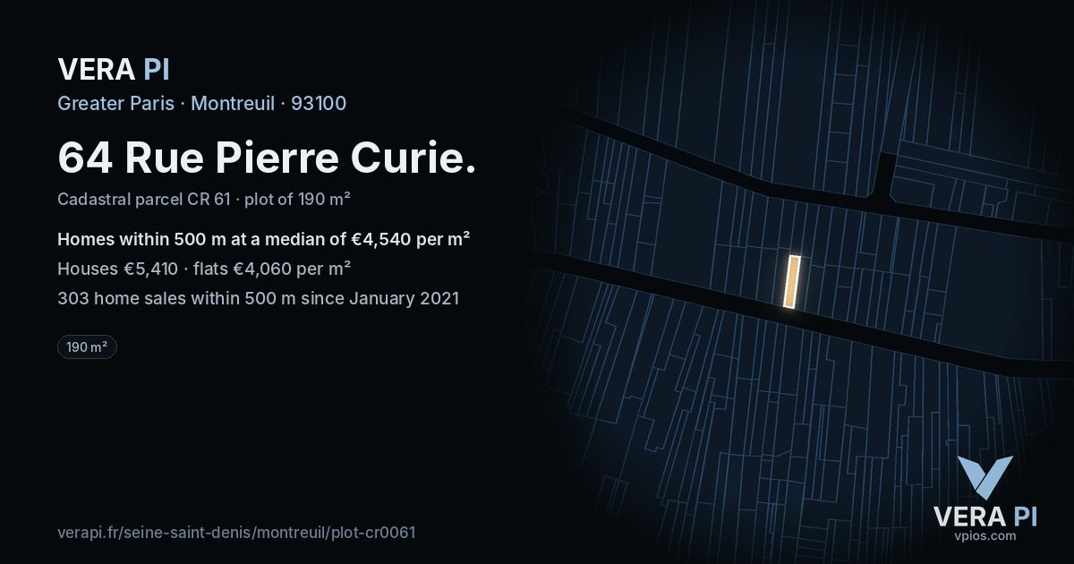 64 Rue Pierre Curie, Montreuil at night – the plot lit, the parcels around coloured by the prices near them