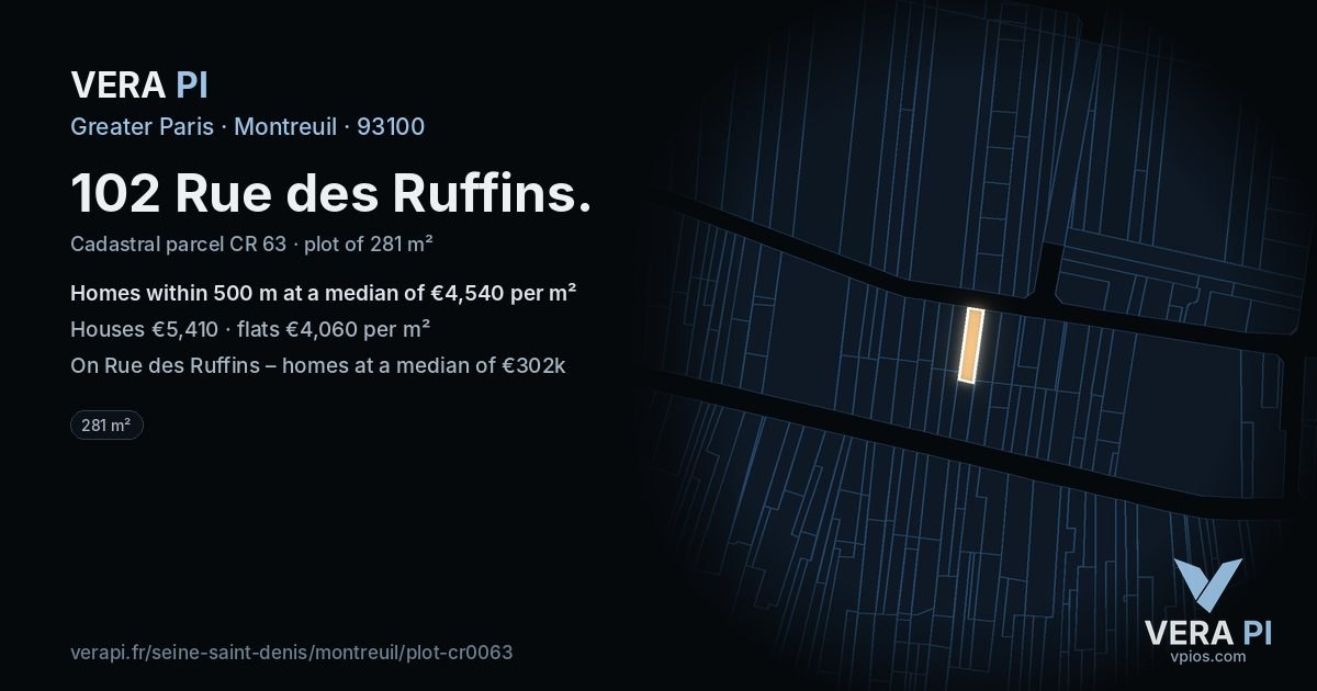 102 Rue des Ruffins, Montreuil at night – the plot lit, the parcels around coloured by the prices near them