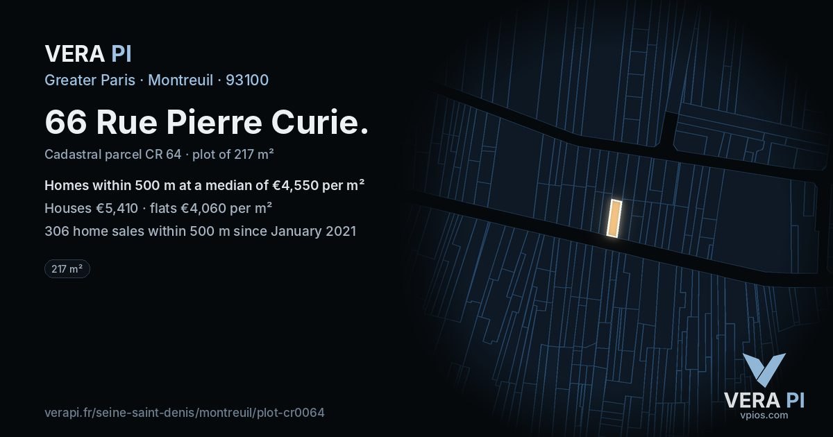 66 Rue Pierre Curie, Montreuil at night – the plot lit, the parcels around coloured by the prices near them