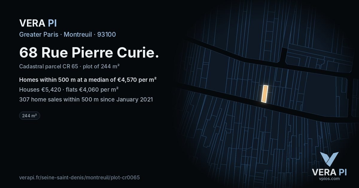 68 Rue Pierre Curie, Montreuil at night – the plot lit, the parcels around coloured by the prices near them