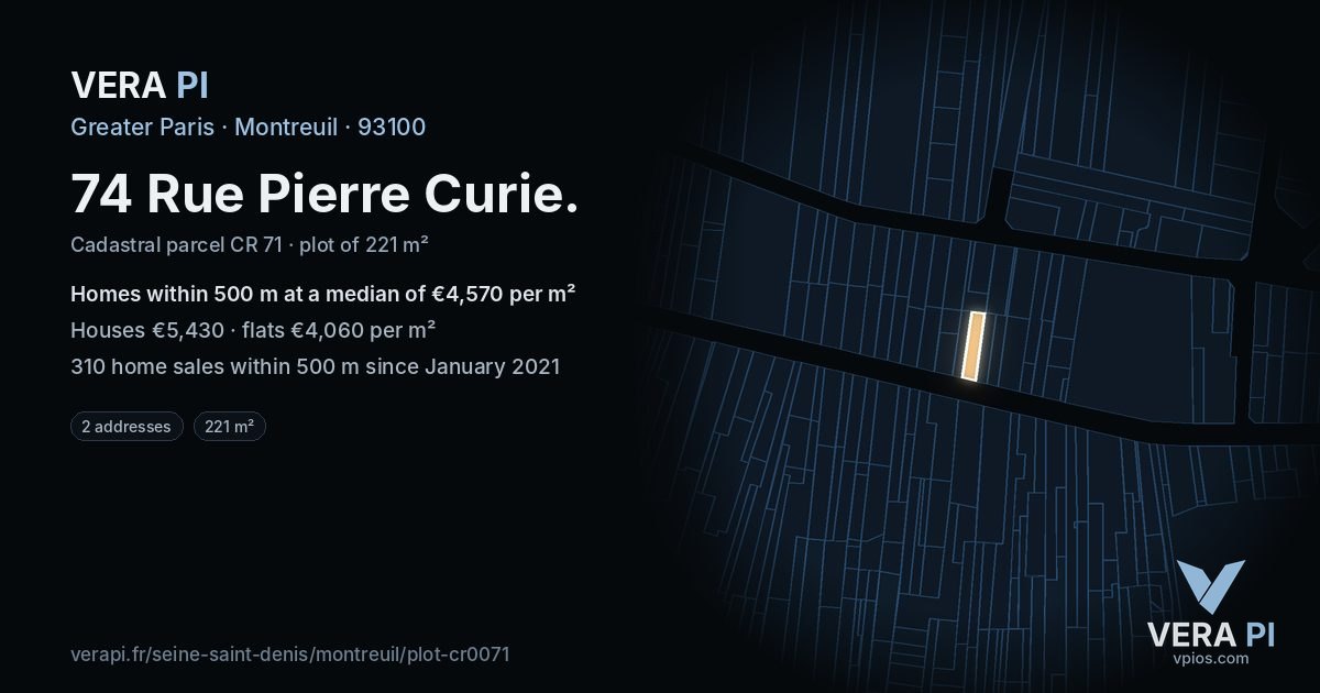 74 Rue Pierre Curie, Montreuil at night – the plot lit, the parcels around coloured by the prices near them