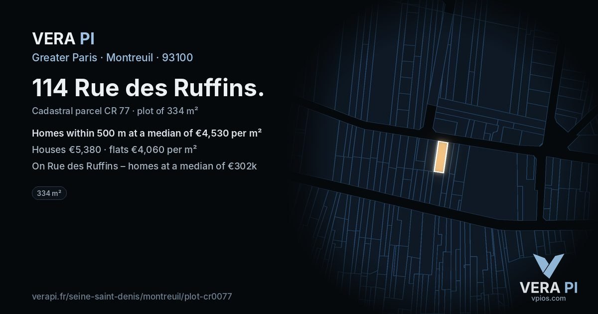 114 Rue des Ruffins, Montreuil at night – the plot lit, the parcels around coloured by the prices near them