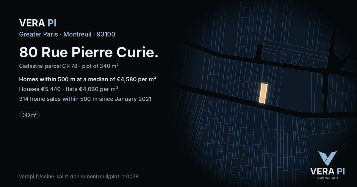 80 Rue Pierre Curie, Montreuil at night – the plot lit, the parcels around coloured by the prices near them