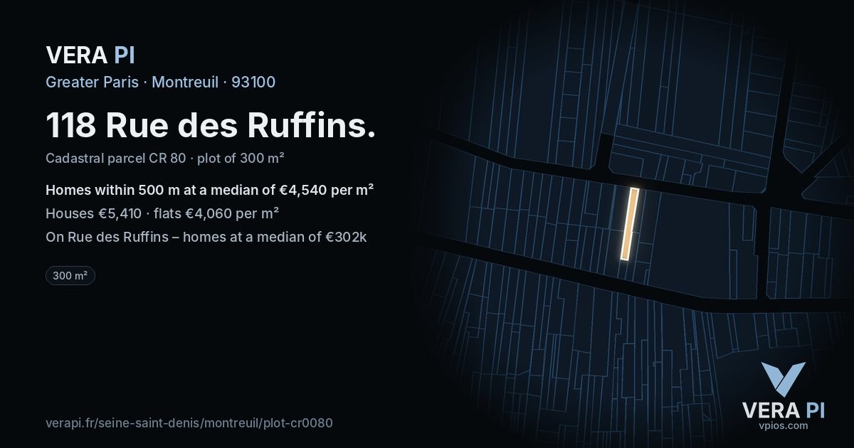 118 Rue des Ruffins, Montreuil at night – the plot lit, the parcels around coloured by the prices near them