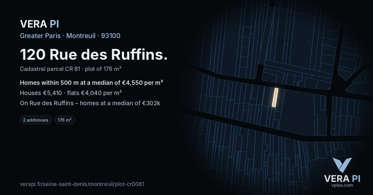120 Rue des Ruffins, Montreuil at night – the plot lit, the parcels around coloured by the prices near them