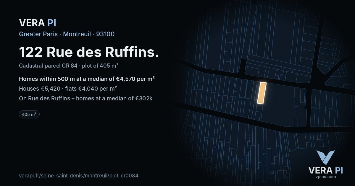 122 Rue des Ruffins, Montreuil at night – the plot lit, the parcels around coloured by the prices near them