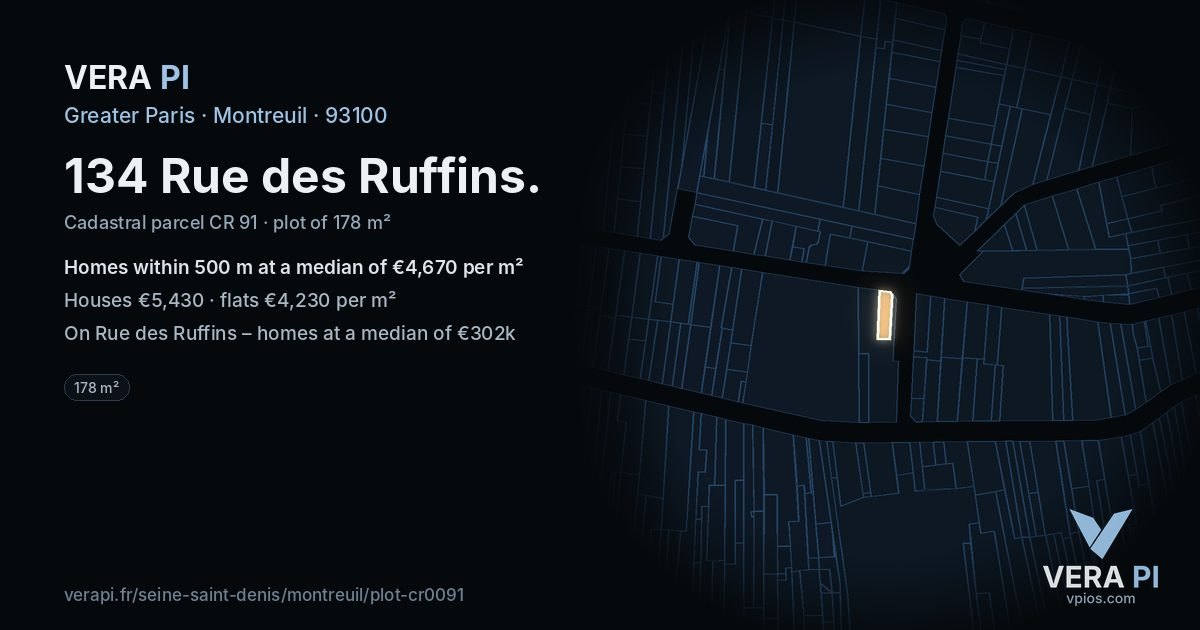134 Rue des Ruffins, Montreuil at night – the plot lit, the parcels around coloured by the prices near them
