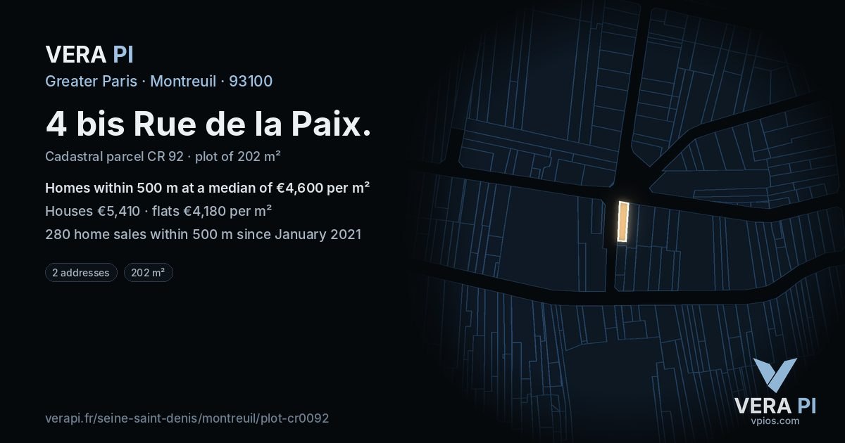 4 bis Rue de la Paix, Montreuil at night – the plot lit, the parcels around coloured by the prices near them