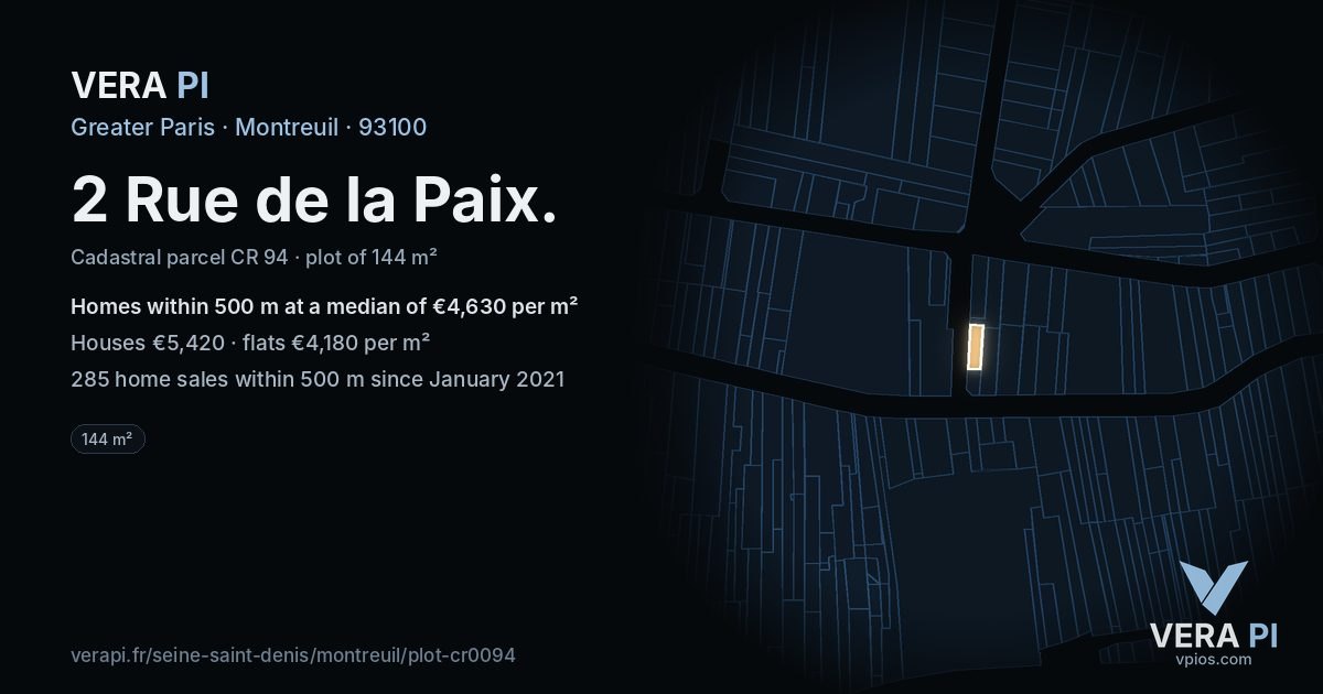 2 Rue de la Paix, Montreuil at night – the plot lit, the parcels around coloured by the prices near them