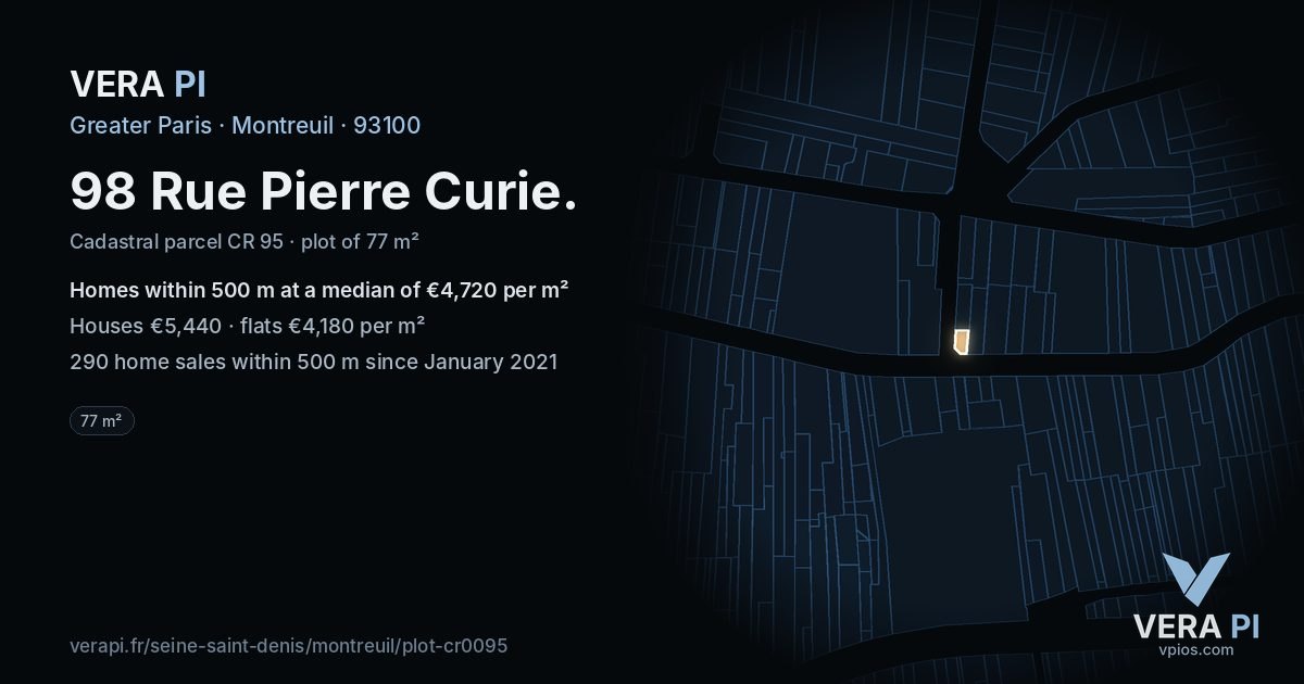 98 Rue Pierre Curie, Montreuil at night – the plot lit, the parcels around coloured by the prices near them