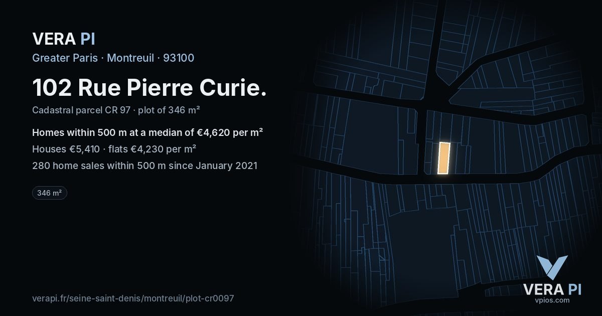 102 Rue Pierre Curie, Montreuil at night – the plot lit, the parcels around coloured by the prices near them