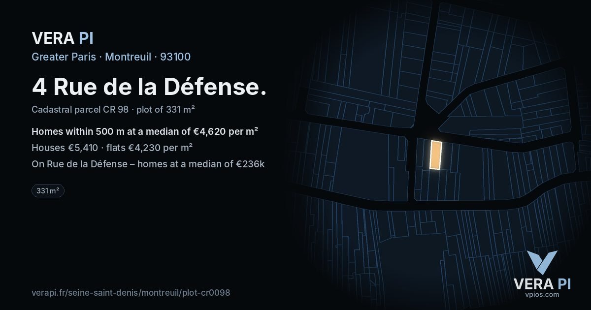 4 Rue de la Défense, Montreuil at night – the plot lit, the parcels around coloured by the prices near them