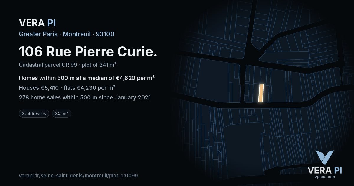 106 Rue Pierre Curie, Montreuil at night – the plot lit, the parcels around coloured by the prices near them