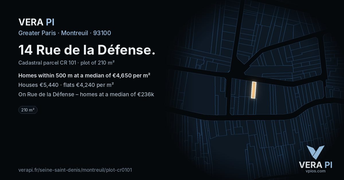 14 Rue de la Défense, Montreuil at night – the plot lit, the parcels around coloured by the prices near them