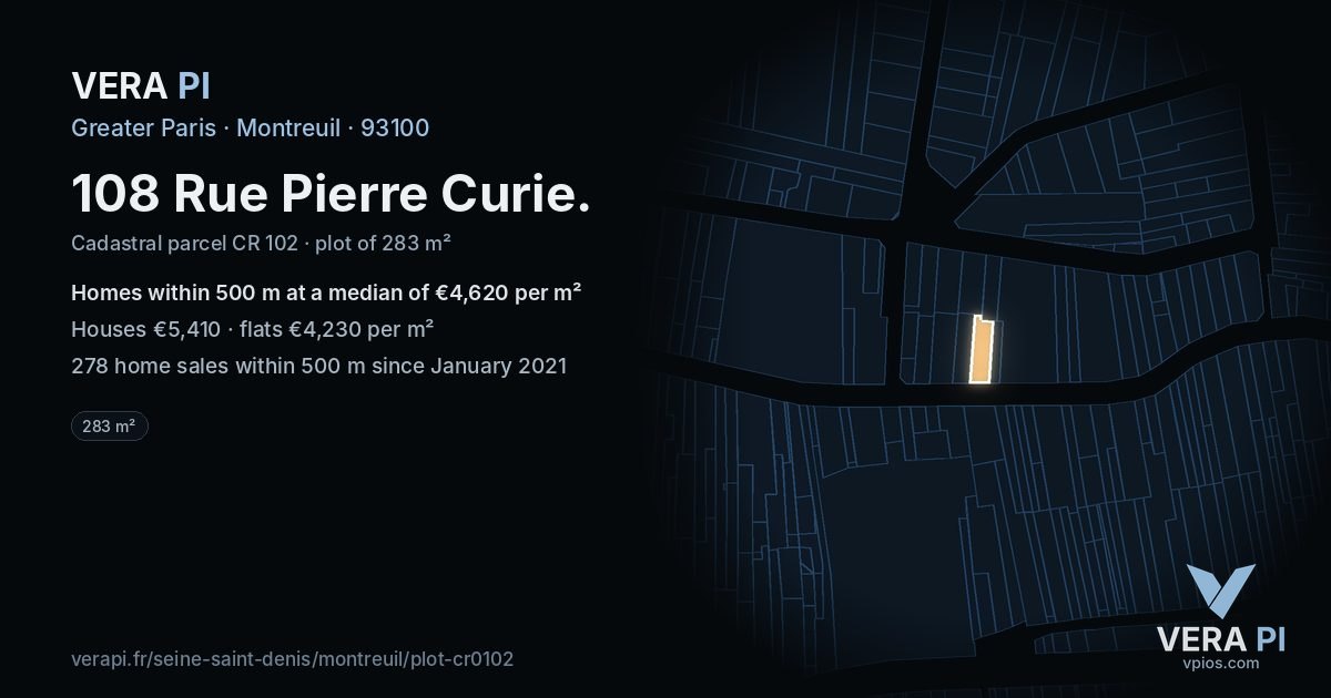 108 Rue Pierre Curie, Montreuil at night – the plot lit, the parcels around coloured by the prices near them