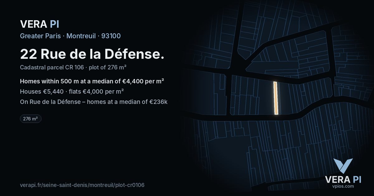 22 Rue de la Défense, Montreuil at night – the plot lit, the parcels around coloured by the prices near them