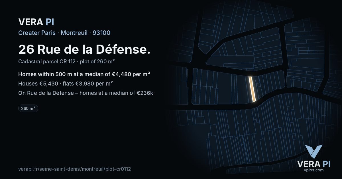 26 Rue de la Défense, Montreuil at night – the plot lit, the parcels around coloured by the prices near them