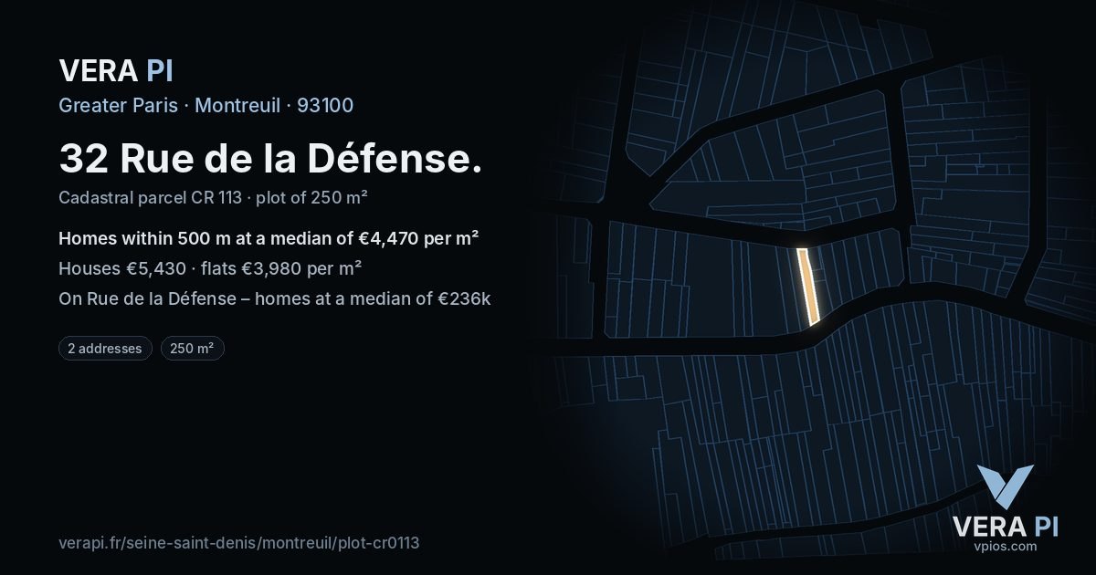 32 Rue de la Défense, Montreuil at night – the plot lit, the parcels around coloured by the prices near them
