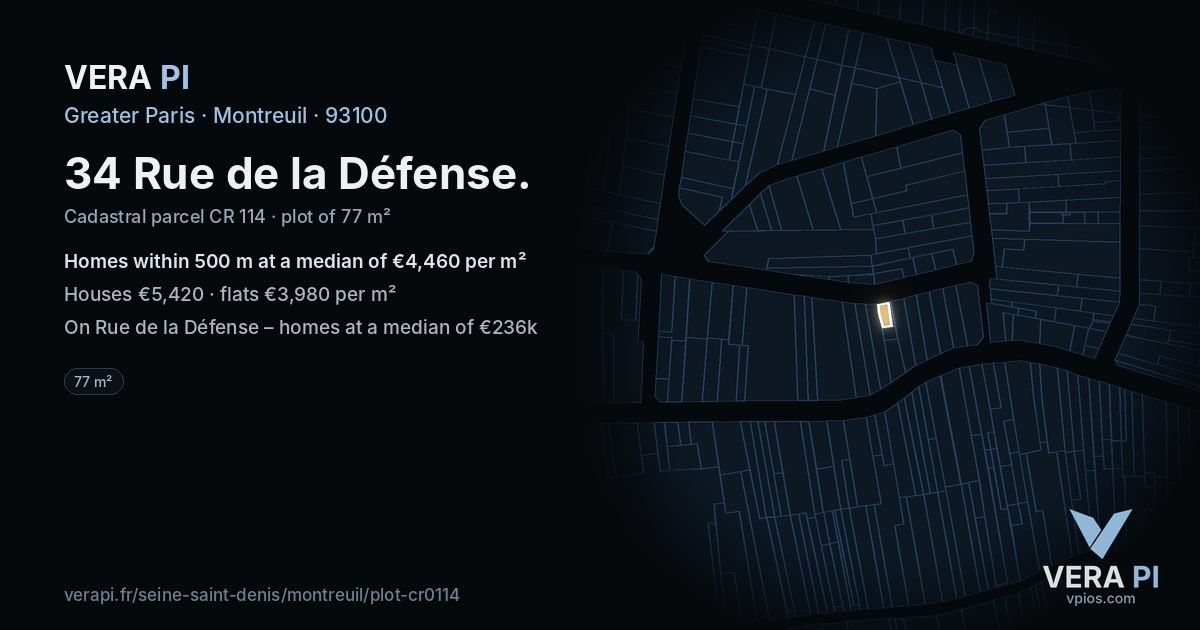 34 Rue de la Défense, Montreuil at night – the plot lit, the parcels around coloured by the prices near them