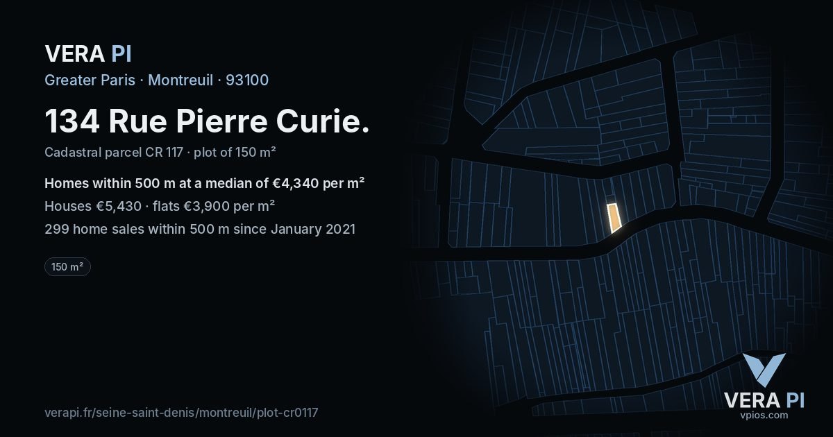 134 Rue Pierre Curie, Montreuil at night – the plot lit, the parcels around coloured by the prices near them