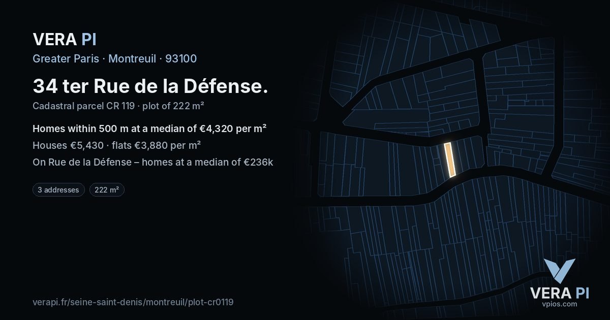 34 ter Rue de la Défense, Montreuil at night – the plot lit, the parcels around coloured by the prices near them