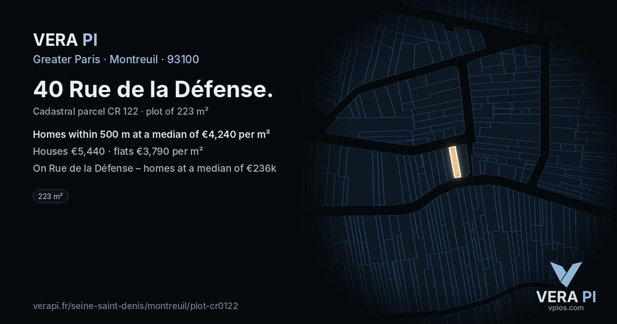 40 Rue de la Défense, Montreuil at night – the plot lit, the parcels around coloured by the prices near them