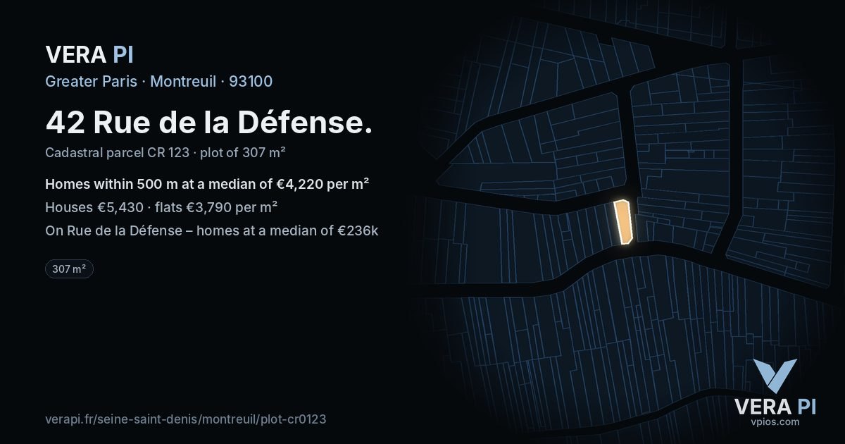 42 Rue de la Défense, Montreuil at night – the plot lit, the parcels around coloured by the prices near them
