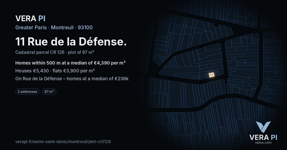11 Rue de la Défense, Montreuil at night – the plot lit, the parcels around coloured by the prices near them